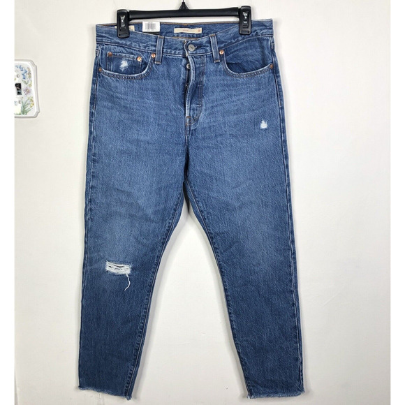 NEW Levi's Premium Wedgie High Rise Tapered Leg Frayed Hem Blue Jeans Women's 30
